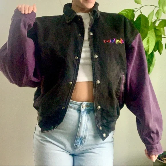 Vintage 90s Nintendo Women's Black and Purple Varsity Jacket - Picture 1 of 16